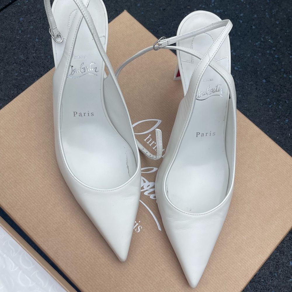 Christian Louboutin Condora 85 White Pointed Slingback Pumps with Ankle Strap